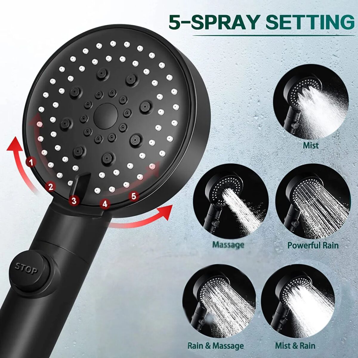 5 Modes Adjustable Shower Head High Pressure Water Saving Shower One-key Stop Water Massage Shower Head for Bathroom Accessories - Image 1