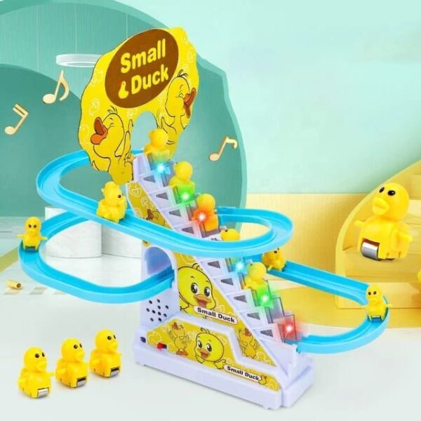 Duck Climbing Stairs Toy with Flashing Lights and Music On Off Button